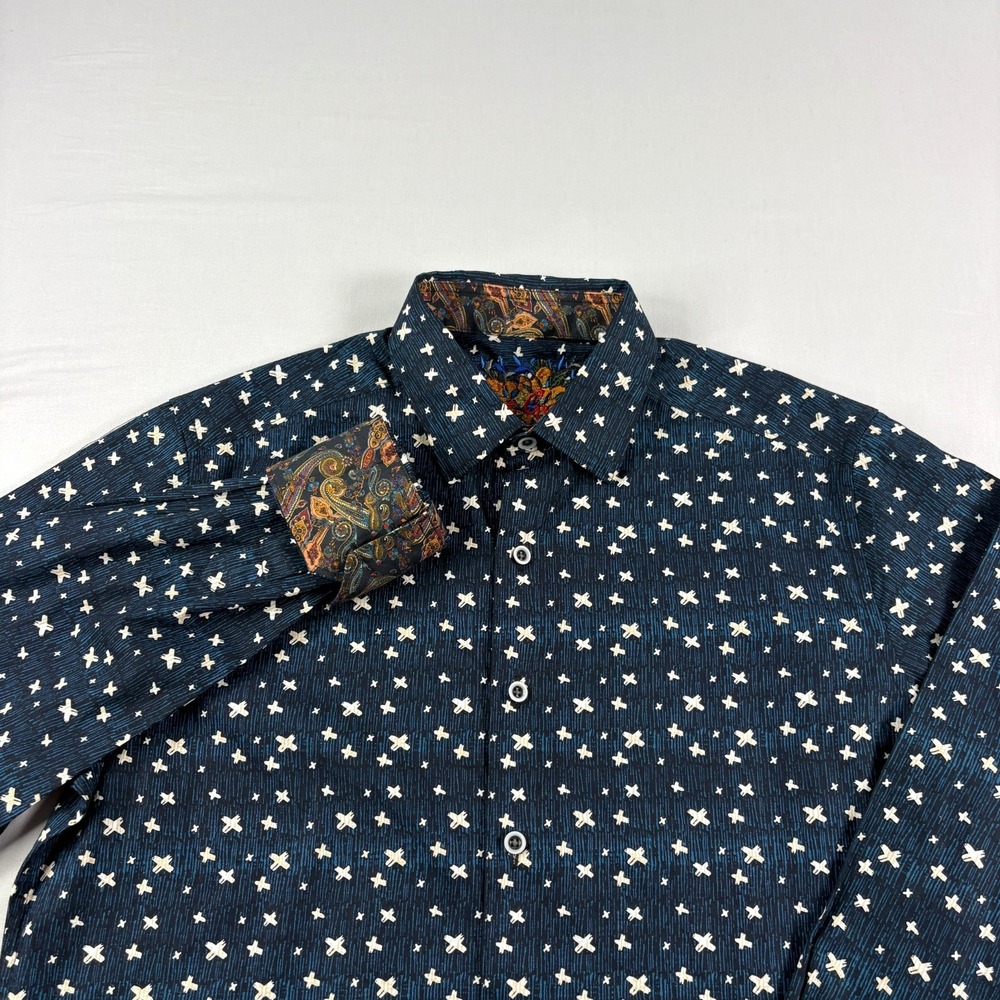 Robert Graham Shirt Mens Small Blue Geometric‎ Button Up Flip Cuff Long Sleeve